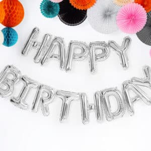 Happy Birthday – hõbedane fooliumist õhupall, 340×35 cm