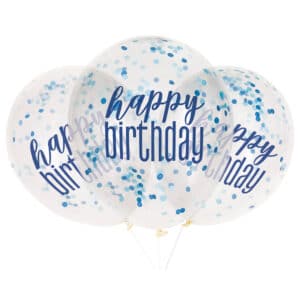 Läbipaistvad Happy Birthday õhupallid siniste litritega, 6 tk