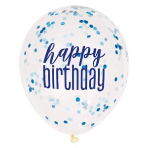 Läbipaistvad Happy Birthday õhupallid siniste litritega, 6 tk