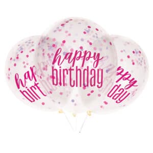 Läbipaistvad Happy Birthday õhupallid roosade litritega, 6 tk