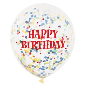 Läbipaistvad Happy Birthday  õhupallid värviliste litritega, 6 tk