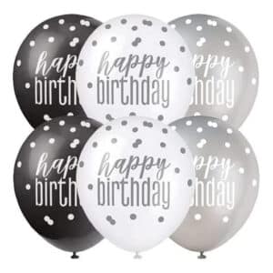 Mustad, hõbedased ja valged Happy Birthday õhupallid 30 cm, 6 tk