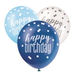 Helesinised, sinised ja valged Happy Birthday õhupallid 30 cm, 6 tk