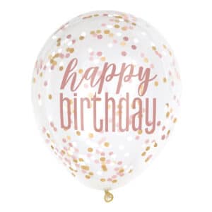 Läbipaistvad Happy Birthday õhupallid roosakuldsete litritega, 6 tk