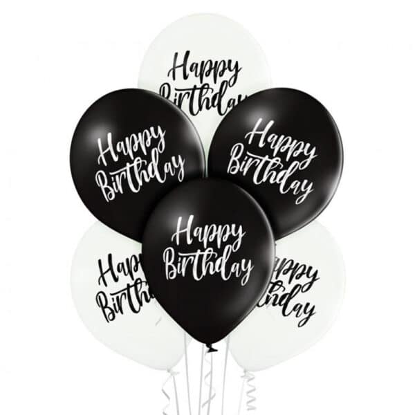 Happy Birthday mustad ja valged õhupallid, 6 tk